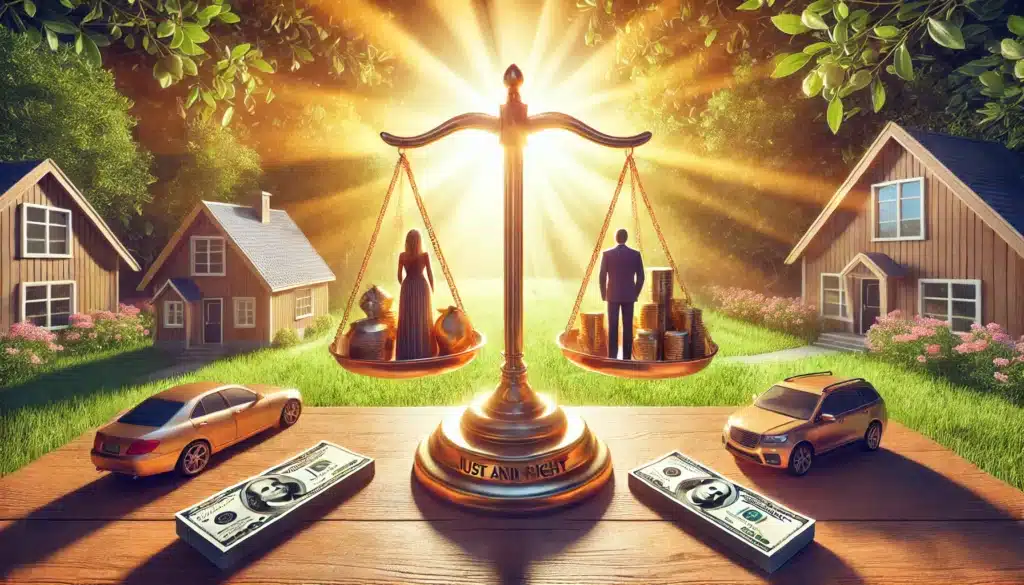 A wide-angle, photo-realistic, cinematic summer illustration explaining the concept of 'Just and Right Division' in asset division during a divorce. The image shows two figures standing on either side of a scale, each holding assets like a house, car, and banknotes. The scale represents fairness in division rather than equal amounts, with sunlight streaming through, casting a warm summer glow. Greenery and soft sunlight outside the scene create a calm and balanced atmosphere, enhancing the sense of fairness in the division process.