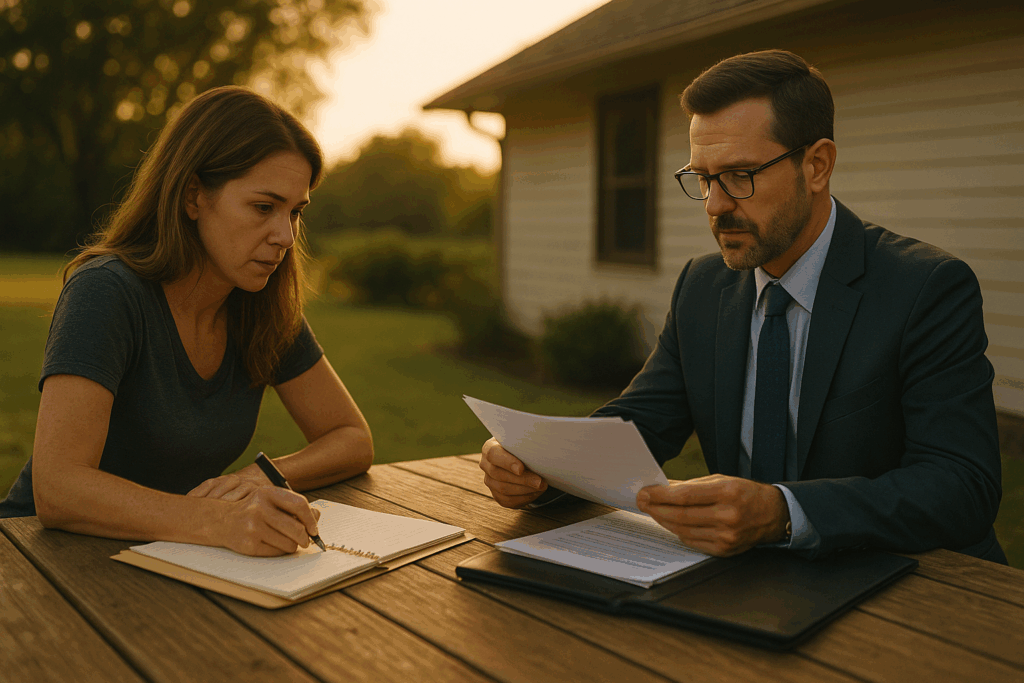 A woman with light skin sits at a wooden picnic table outdoors, taking notes in a notebook, while a male attorney in a dark suit reviews legal documents during a summer evening consultation, with warm golden light and a house in the background.