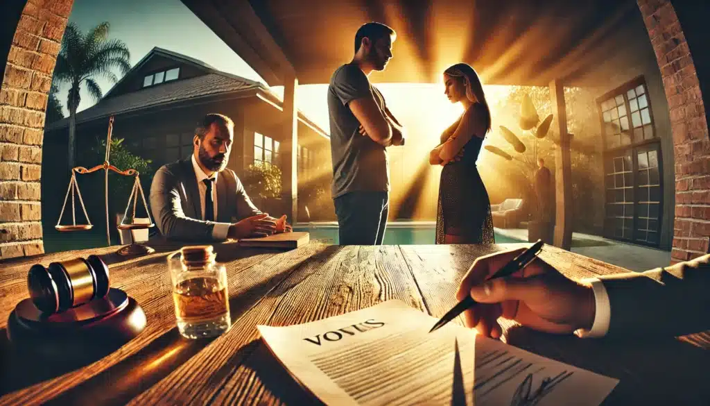 A cinematic, photo-realistic wide-angle image visually representing the legal consequences of void marriages in Texas. The scene features a couple standing apart in a tense discussion, with legal documents on a table between them. A lawyer or judge is in the background, emphasizing potential disputes. The setting is outdoors with warm summer vibes, golden sunlight casting dramatic shadows, adding to the emotional weight of the moment. The image conveys legal uncertainty, property disputes, and family tensions associated with void marriages.