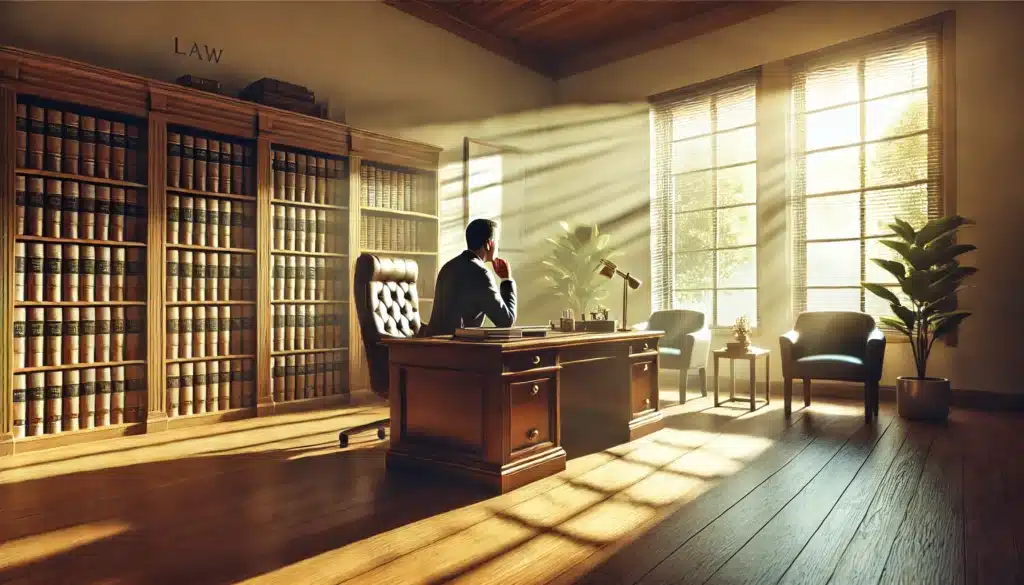 A cinematic, wide-angle, photo-realistic image of a person sitting in a bright, inviting law office, contemplating their choice of the right divorce attorney. The warm summer sunlight streams through large windows, casting soft shadows and creating a peaceful atmosphere. The office is professional yet comforting, with legal books and documents scattered on a polished wooden desk. The individual is deep in thought, reflecting on the decision with a sense of clarity and confidence. The scene conveys the importance of choosing the right legal representation during a difficult time like divorce.