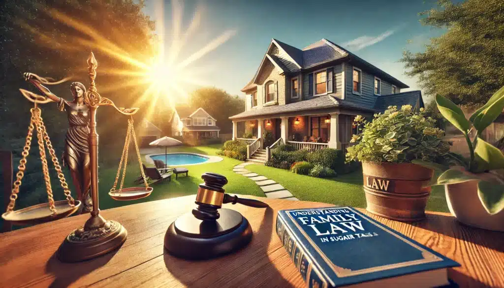 A wide-angle, photo-realistic, cinematic image with summer vibes depicting a serene suburban neighborhood in Sugarland, Texas. The setting includes a bright, sunlit family home with a welcoming front yard, symbolizing warmth and family unity. In the background, subtle legal-themed elements such as a courthouse or law books on a porch table suggest the context of understanding family law in Sugarland, Texas. The scene is inviting and professional, reflecting a balance of community and legal support.