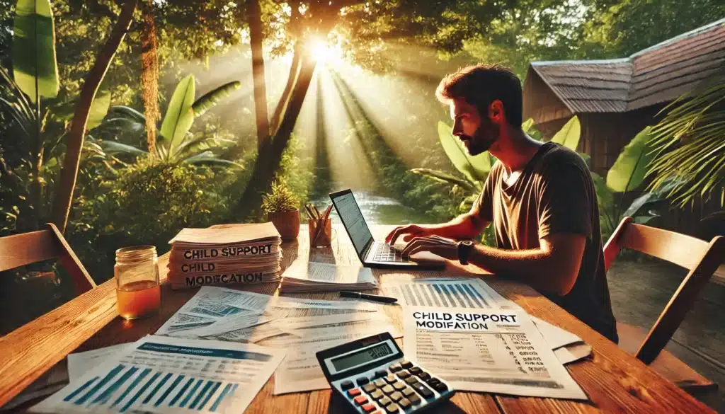 A wide-angle, photo-realistic, cinematic image with summer vibes. A parent sits at a wooden table outdoors, carefully gathering financial documents for a child support modification case. Papers, tax forms, and bank statements are spread across the table, while a laptop is open displaying financial data. Warm sunlight filters through lush green trees, creating a serene yet focused atmosphere. The parent looks determined and focused, symbolizing responsibility and preparation.