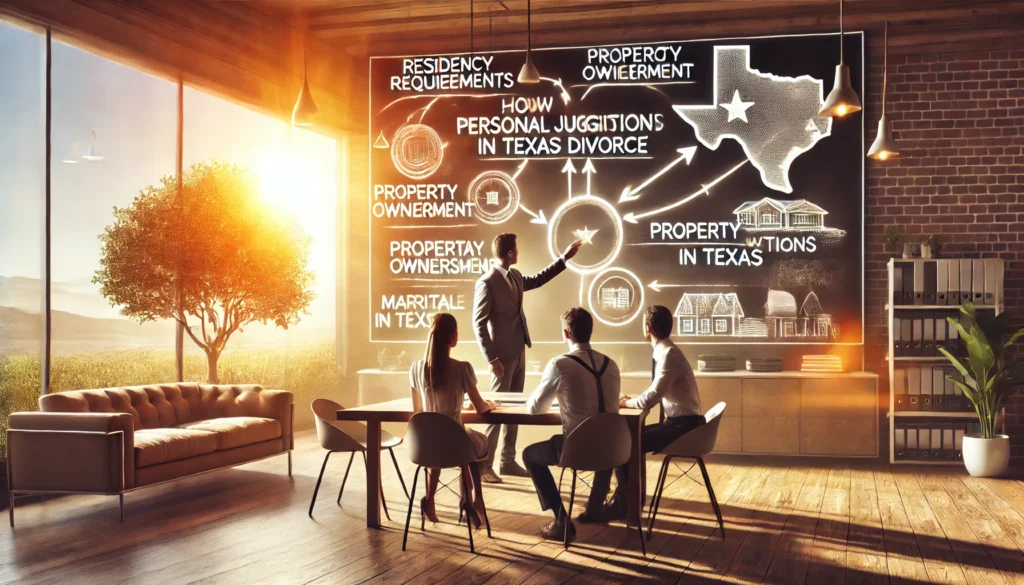 A cinematic, photo-realistic wide-angle image with summer vibes. The scene features a detailed diagram illustrating how personal jurisdiction is established in Texas divorce cases. The diagram is displayed on a whiteboard in a sunlit office, with arrows connecting key elements like 'Residency Requirements,' 'Property Ownership,' and 'Marital Actions in Texas.' A professional in business casual attire gestures toward the board while speaking to a couple seated at a table. The background shows a bright Texas landscape with warm tones, giving the image a hopeful yet informative vibe.