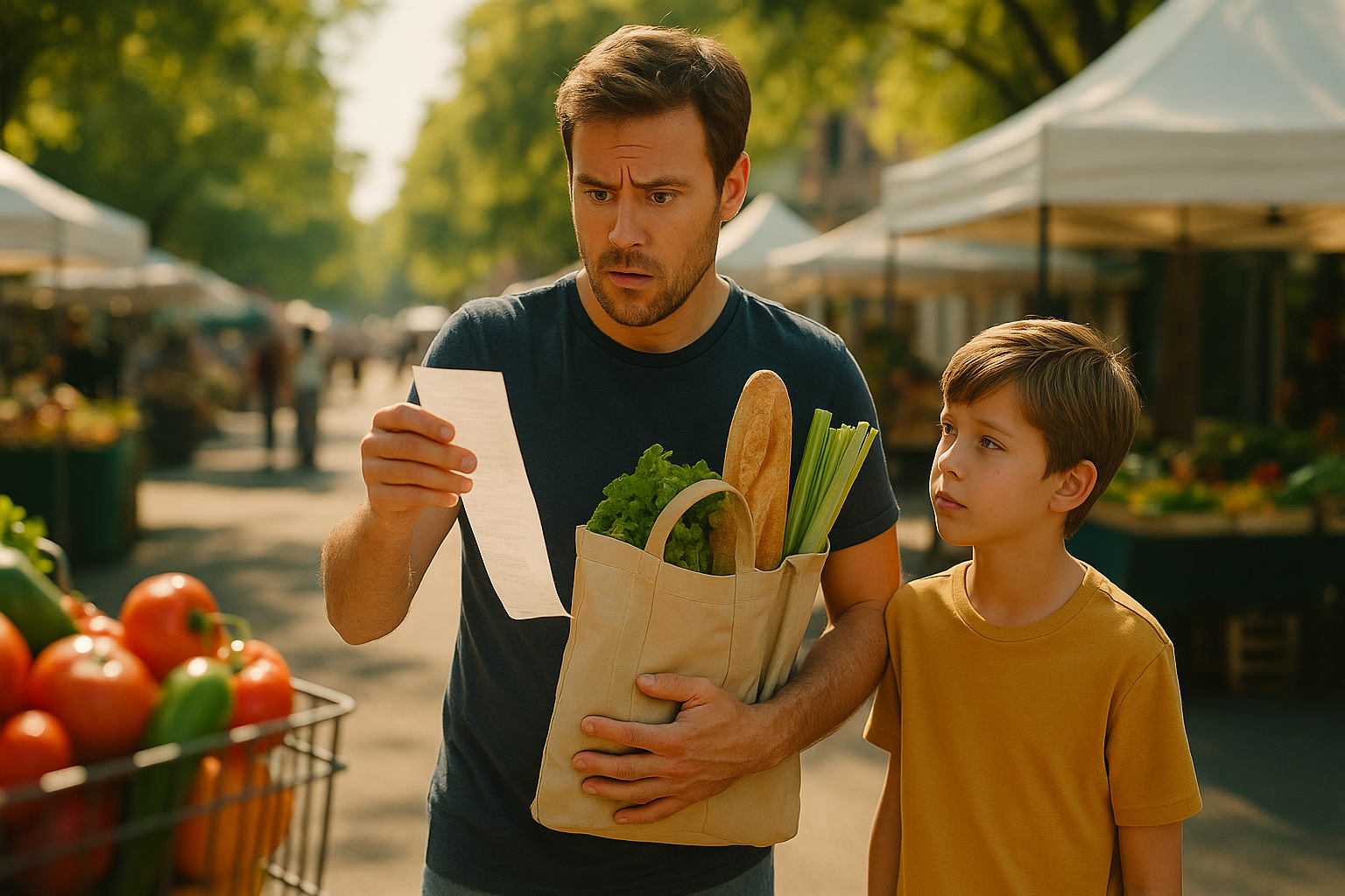 Father looking shocked at a grocery receipt while holding a bag of food at an outdoor market, symbolizing unexpected child support lawyer fees.