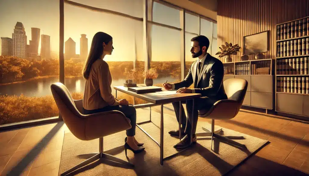 A photo-realistic, cinematic wide-angle image of a lawyer and client sitting in a modern office in Sugarland, Texas, discussing contested divorce options. The office has warm, natural lighting from large windows with a view of the Texas summer landscape. The lawyer, dressed in professional attire, is sitting across from the client, attentively explaining documents. The client, a person of Hispanic descent, looks serious and engaged, holding a pen and taking notes. The office has a calming atmosphere, with contemporary furniture and subtle decor that reflects professionalism and trust. The summer sunlight casts a golden hue, creating a relaxed yet focused mood.