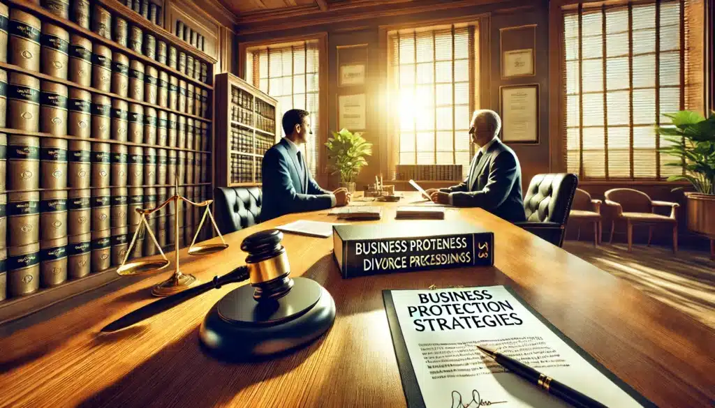 A wide-angle, photo-realistic, cinematic image illustrating legal strategies to protect business interests during divorce proceedings. The scene is set in a modern law office during a warm summer afternoon, with golden sunlight streaming through large windows. A business owner sits at a polished wooden desk across from an attorney, reviewing legal documents labeled 'Business Protection Strategies' and 'Divorce Proceedings.' A judge’s gavel, a contract with a signature line, and financial statements are spread out on the table. In the background, legal books and framed certificates add to the professional ambiance, symbolizing the importance of legal safeguards. The atmosphere is serious yet empowering, reflecting the critical nature of business protection during divorce.