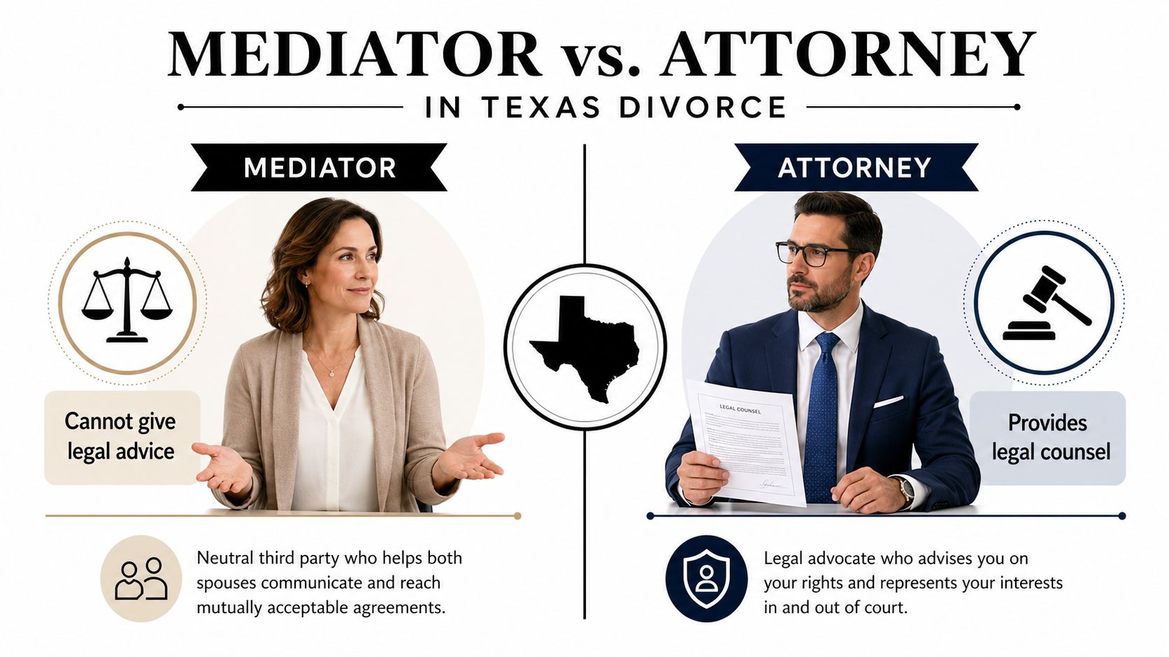 A comparison infographic between a mediator and an attorney in the context of Texas divorce proceedings.