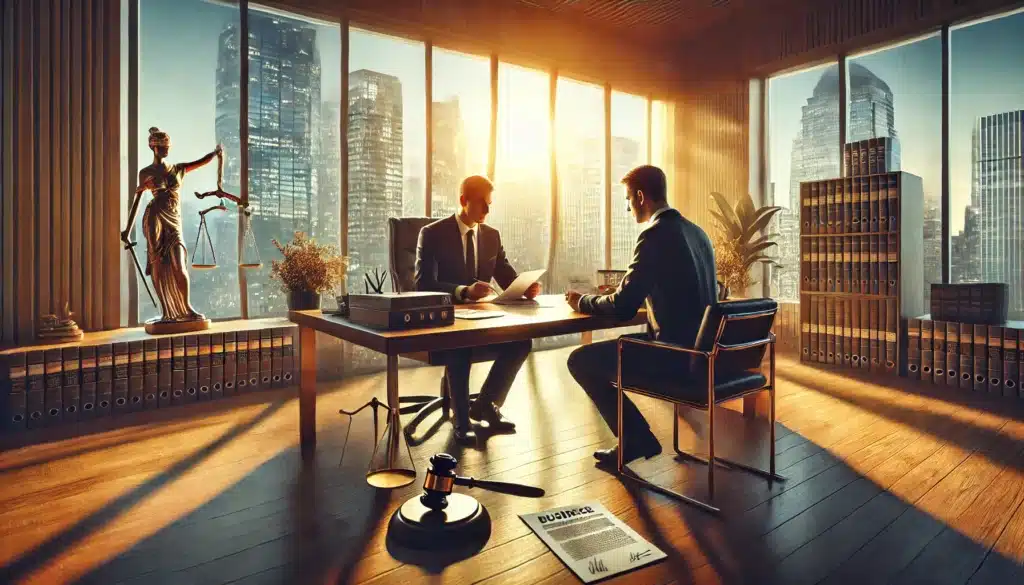 A wide-angle, photo-realistic, cinematic image illustrating the importance of an experienced divorce attorney in business asset division. The scene is set in a sophisticated law office during a warm summer afternoon, with golden sunlight streaming through floor-to-ceiling windows overlooking a bustling Texas cityscape. A confident and professional attorney sits at a polished wooden desk, attentively reviewing legal documents labeled 'Business Asset Division' and 'Divorce Settlement' with a business owner. The client looks relieved, showing trust in their attorney's expertise. A judge’s gavel, contract agreements, and financial statements are strategically placed on the desk, symbolizing the legal complexity of dividing business assets. The atmosphere is reassuring yet serious, emphasizing the attorney’s crucial role in securing a fair outcome.