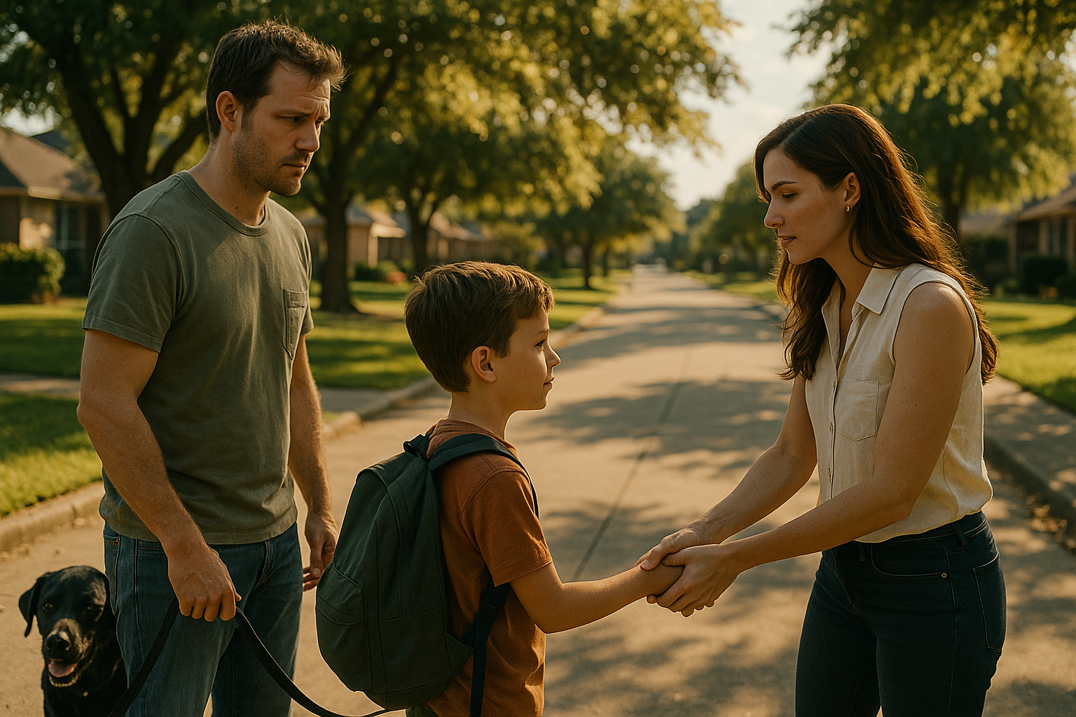 Father and mother exchange custody of their young son on a quiet suburban street under summer sunlight, symbolizing Texas custody arrangements for unmarried parents.