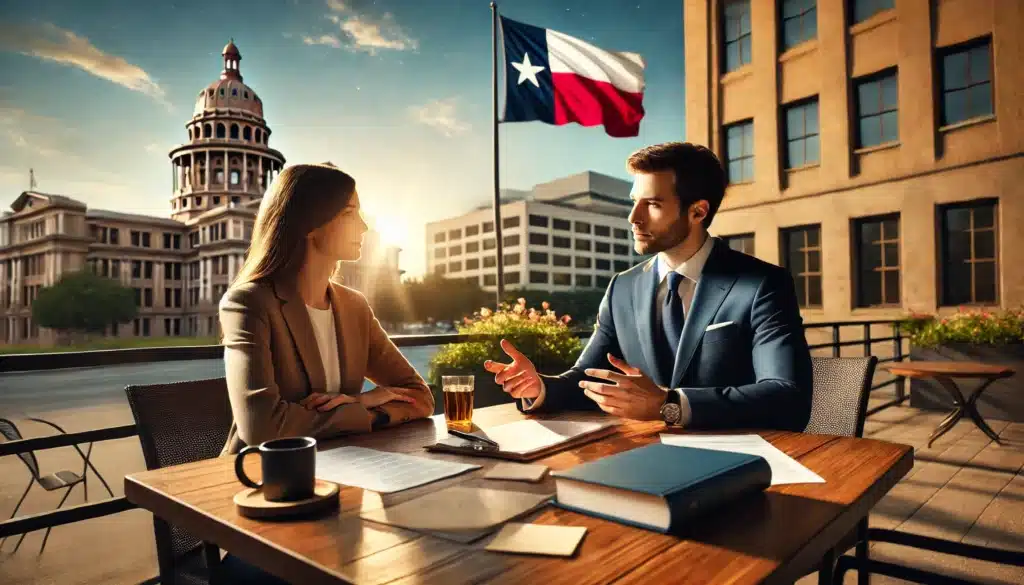 A cinematic, wide-angle, photo-realistic image set in the summer representing collaboration with a Texas divorce attorney. A confident attorney and a client sit at an outdoor legal office patio, engaged in a strategic discussion over legal documents. The client appears reassured, while the attorney gestures confidently, emphasizing key points. In the background, the Texas flag waves gently, and a courthouse is visible in the distance, symbolizing legal proceedings. The setting is warm and professional, evoking trust and expertise. No cameras or text in the image.