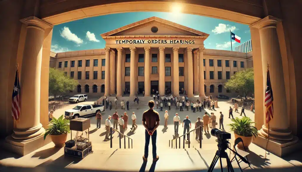 Wide-angle, photo-realistic, cinematic image depicting the setting of a Texas courthouse in summer, capturing the significance of testimony during temporary orders hearings. The scene includes people entering the courthouse, with an individual standing in thoughtful anticipation on the steps, looking toward the entrance. The courthouse architecture is classic with pillars, and the warm sunlight creates a dramatic yet hopeful mood. Clear blue skies enhance the summer ambiance, underscoring the importance of this crucial moment. No text, camera equipment, or additional props.