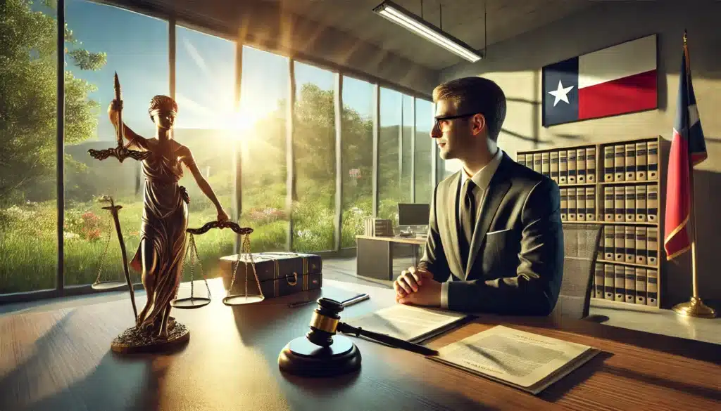 A cinematic, wide-angle, photo-realistic image showing the benefits of hiring an experienced family law attorney in Texas. The image features a professional attorney sitting at a desk in a modern law office, warmly lit by the summer sun streaming through large windows. Legal documents and scales of justice are on the desk, symbolizing legal expertise. In the background, there are subtle Texas elements such as a state flag and outdoor scenery with summer greenery. The attorney is engaged in conversation, exuding confidence and professionalism, reflecting the value of legal representation.