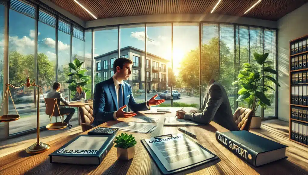 A wide-angle, photo-realistic, cinematic summer scene of a child support attorney in Bellaire, Texas, discussing a case with a client in a modern, professional office. The setting includes a large desk with legal documents and notes spread out, while the attorney gestures confidently, explaining details to a focused client. Sunlight streams through large windows with a view of vibrant greenery and a bustling Bellaire neighborhood outside, capturing the warm, collaborative vibe of a summer day. The atmosphere conveys trust, expertise, and personalized legal guidance.
