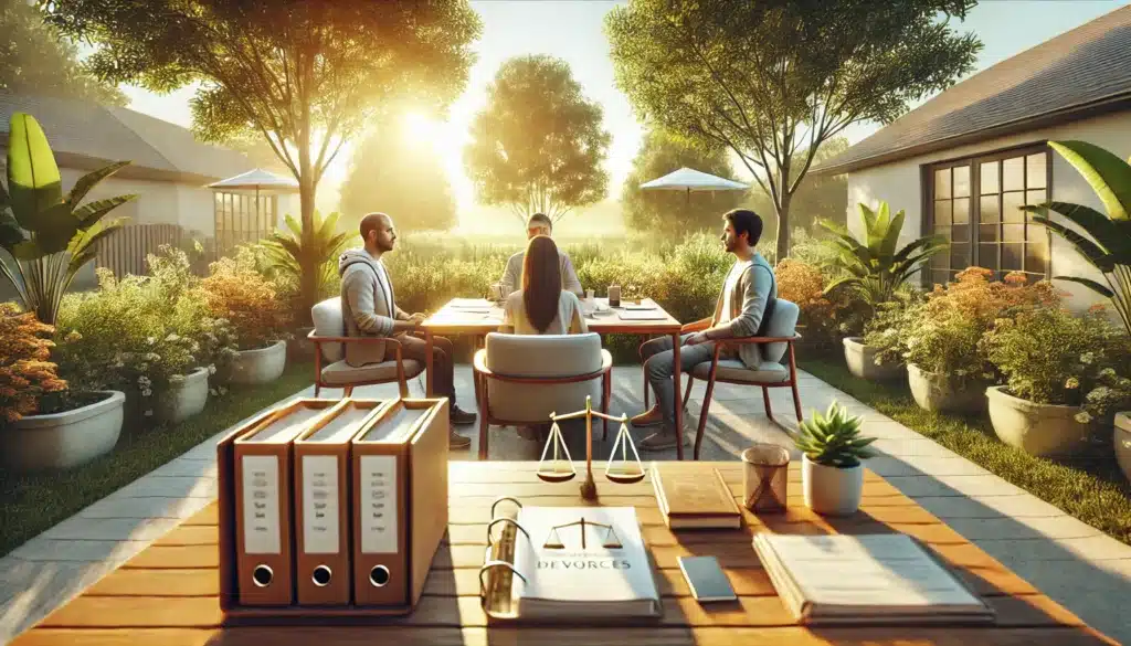 A wide-angle, photo-realistic, cinematic scene with summer vibes showing an overview of the mediation process in Texas divorces. The image features a warm, inviting outdoor setting with a mediation table. On the table, organized legal documents, folders, and a notepad suggest the steps involved in the process. Three individuals, including a mediator and two participants, are engaged in a calm discussion, reflecting the structured stages of mediation. Greenery and soft sunlight create a peaceful ambiance, conveying a constructive, cooperative approach to divorce mediation. No cameras, equipment, or text in the image.