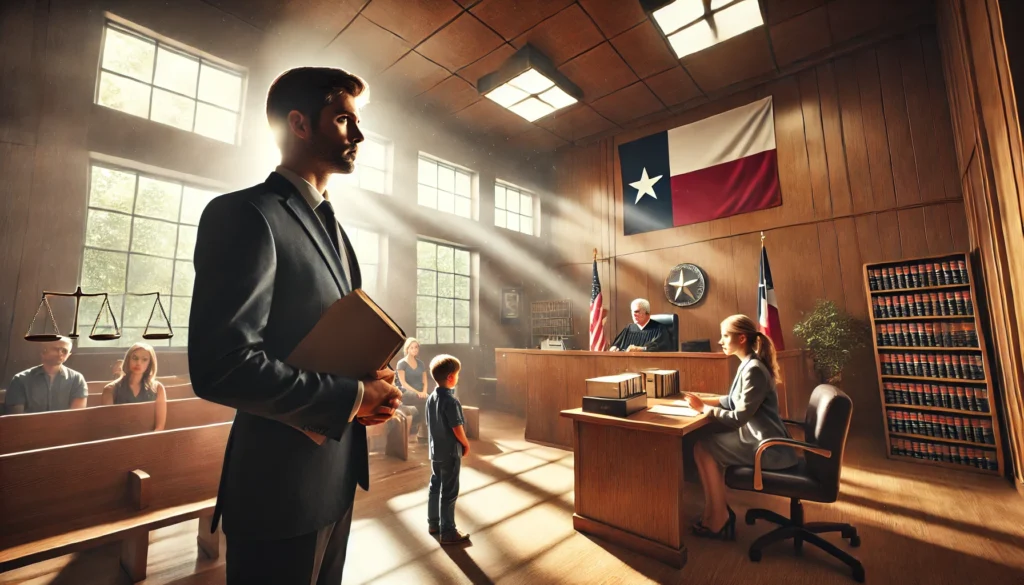 A cinematic, photo-realistic wide-angle image of a Texas courtroom scene where myths about fathers and custody are being dispelled. The courtroom is bathed in natural sunlight filtering through large windows, creating a warm summer atmosphere. A determined father, dressed in a suit, is confidently addressing the judge while holding evidence files. The judge, a stern yet fair figure, listens attentively. In the background, the child’s mother appears calm while the child, around 8 years old, sits quietly with a neutral observer. The room features Texas state flags, wooden paneling, and a professional yet inviting atmosphere.