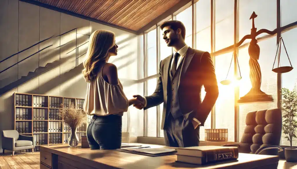 A wide angle, photo-realistic, cinematic image of a professional and experienced mother’s rights attorney in Porter, Texas, standing confidently in a modern office. The attorney is discussing legal documents with a mother, providing her with support and guidance. The scene has summer vibes, with warm sunlight streaming through large windows, casting a positive, empowering atmosphere over the office. The background includes subtle references to legal books, documents, and the Texas state flag, symbolizing the importance of legal expertise in family law matters.