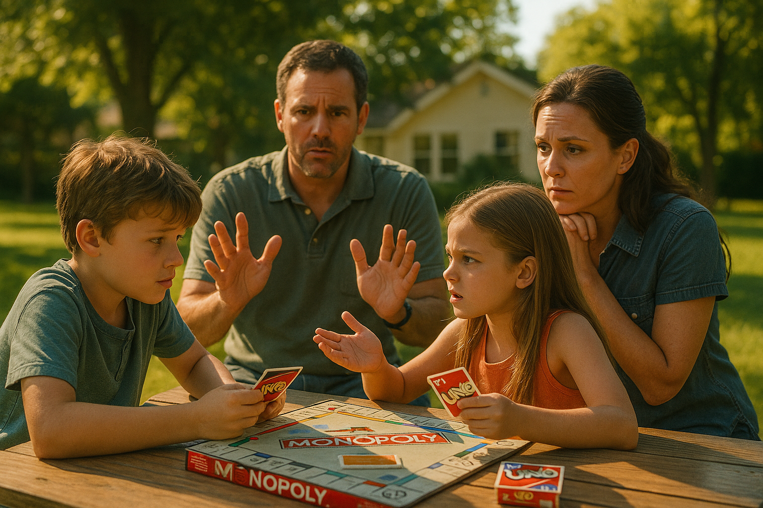 Family playing board games in a sunny backyard, symbolizing custody disputes and the importance of effective Texas child custody lawyers
