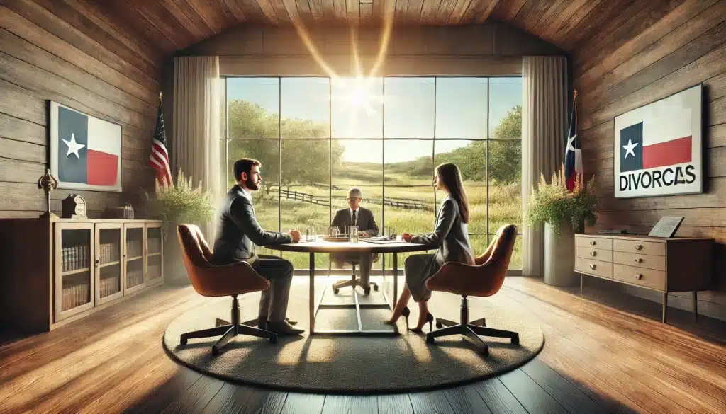 A wide-angle, photo-realistic cinematic image capturing the mediation process in Texas divorces. The scene takes place in a bright, summer-lit room with a serene and inviting atmosphere. A man and woman sit across from each other at a large table with a neutral mediator between them, facilitating calm discussion. The room has large windows with sunlight streaming in, and Texas landscapes with greenery are visible outside. The setting feels professional yet comfortable, emphasizing a cooperative, solution-focused approach to resolving divorce matters in Texas.
