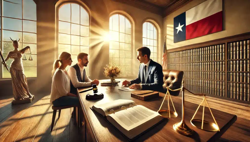 A wide-angle, photo-realistic, cinematic image with summer vibes, capturing a professional Texas law office scene with people emphasizing the importance of legal guidance for prenuptial agreements. A lawyer sits at a polished wooden desk with open legal books and prenuptial agreement documents, explaining details to a thoughtful couple seated across from him. Warm sunlight streams through large windows, creating a serene and professional ambiance. The Texas flag and scales of justice are visible in the background. No visible cameras or text in the image.