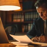 a focused lawyer in a sleek, modern office reviews spousal support documents illuminated by the warm glow of a stylish desk lamp, conveying a sense of determination and professionalism.