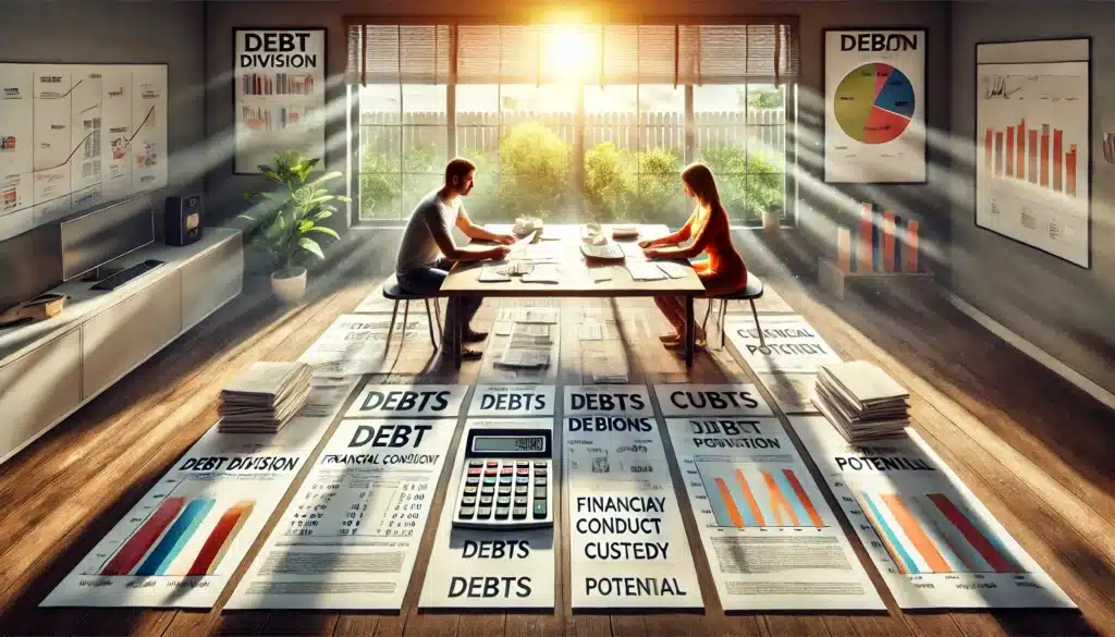 A wide-angle, photo-realistic, cinematic illustration with summer vibes capturing factors influencing debt division in a Texas divorce. The image shows two individuals on opposite sides of a large table with papers, bills, and financial statements spread out. One side has a calculator and documents showing debts, while the other side has charts representing financial conduct, custody, and earning potential. Sunlight streams into the room, creating a warm, peaceful summer atmosphere. The scene illustrates the complexity of debt division, with different factors symbolically displayed to influence the decision-making process.