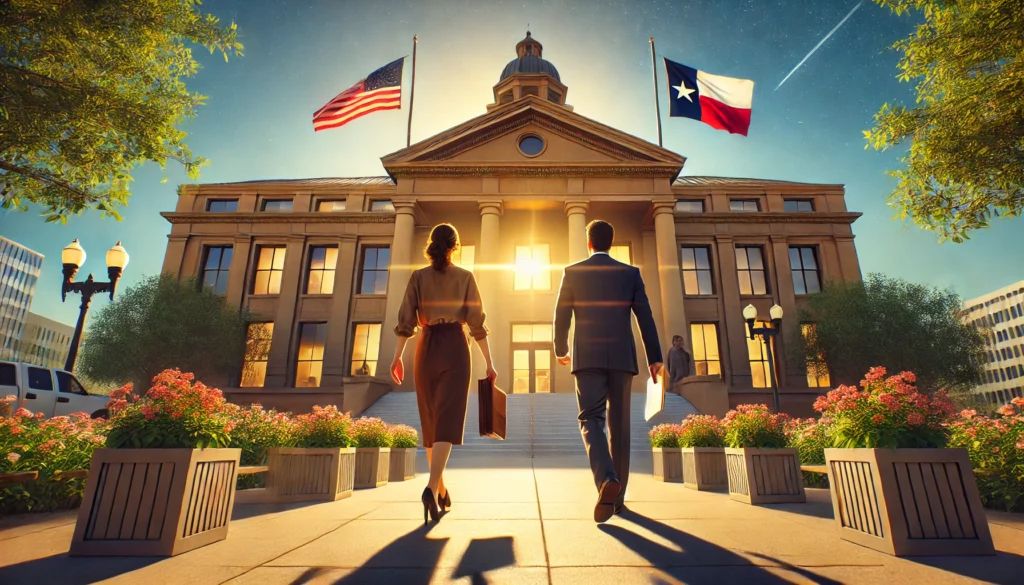 A wide-angle, photo-realistic, cinematic summer scene representing the final steps to complete a divorce in Texas, including the final hearing. The image shows a Texas courthouse bathed in warm sunlight, with a clear blue sky overhead. In the foreground, a man and woman dressed in semi-formal attire are walking separately yet calmly toward the courthouse entrance, holding documents symbolizing divorce papers. A sense of closure and resolution is reflected in their composed expressions. The courthouse steps are lined with blooming summer flowers, creating a serene and hopeful atmosphere.