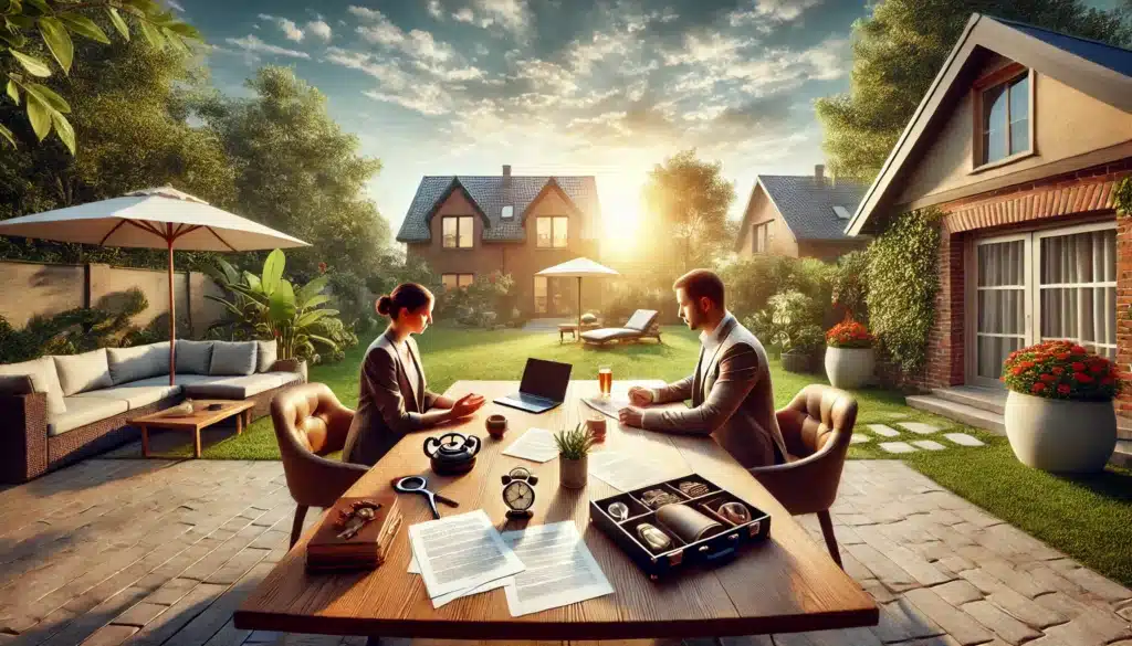 A cinematic, photo-realistic wide-angle image depicting property division in divorce proceedings during a summer day. The scene shows two individuals sitting at an outdoor table in a suburban backyard, surrounded by documents, a laptop, and personal items symbolizing shared property. The atmosphere conveys negotiation and fairness, with a calm and professional tone. In the background, there are lush green trees, a clear blue sky, and warm sunlight enhancing the summer vibes. The image reflects the complexity and emotional undertone of property division in divorce proceedings.