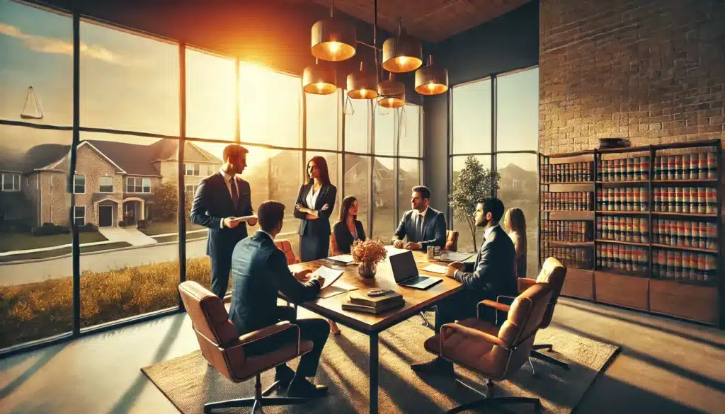 A photo-realistic, cinematic wide-angle image with summer vibes. The scene shows a group of professional family law attorneys in Katy, Texas, gathered around a polished wooden table in a modern office setting. They are actively discussing a case, with papers, laptops, and legal documents on the table. The background features large windows letting in warm natural light, showcasing a sunny Texas suburb outside. The atmosphere is professional yet inviting, reflecting teamwork and dedication. The attorneys are dressed in business attire, conveying competence and trustworthiness.