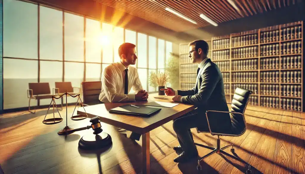 A wide-angle, photo-realistic, cinematic image with summer vibes, depicting a skilled alimony attorney advising a client on their case. The setting is a bright and modern office with large windows letting in natural sunlight, creating a warm and professional atmosphere. The attorney is seated across from the client at a polished desk, with legal documents and a laptop open. The client listens attentively, with a thoughtful expression. The scene conveys expertise, trust, and collaboration, enhanced by the inviting summer ambiance.