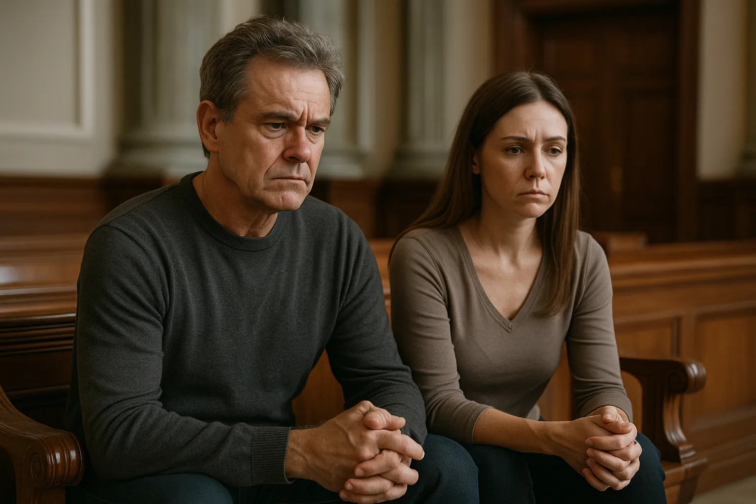 Man and woman sitting in a courtroom, looking somber and concerned, reflecting the emotional challenges of the Texas probate process.