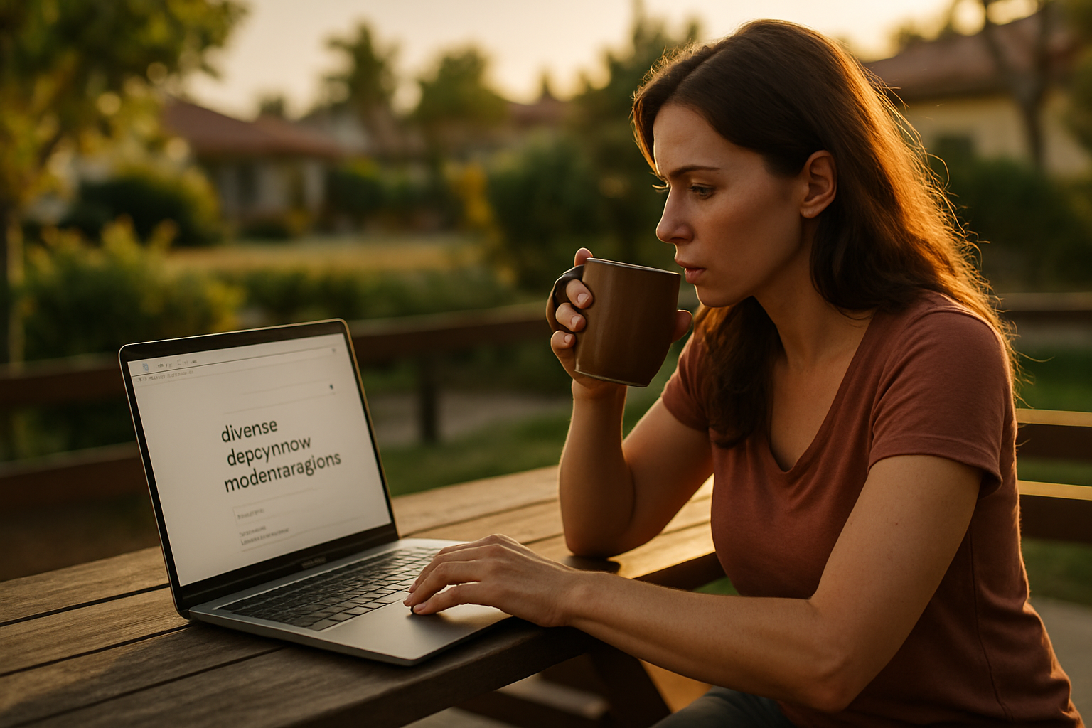 Woman researching divorce attorney mediation options on her laptop at sunset with coffee in hand