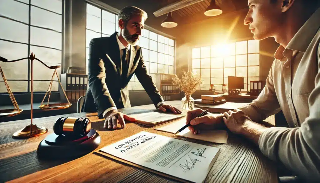 A wide-angle, photo-realistic, cinematic image with summer vibes showing a professional setting where a lawyer provides practical guidance to a client on contesting a prenuptial agreement. The setting is a well-lit, airy office with a large wooden desk and documents spread out, suggesting a strategic discussion. The client listens attentively, with the lawyer pointing to specific sections on the documents, symbolizing legal strategies. The warm sunlight streaming through large windows adds a relaxed yet focused atmosphere, ideal for discussing legal strategies in a comfortable setting.
