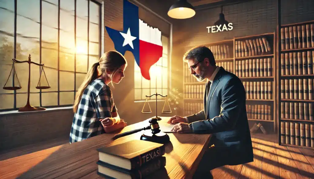 A wide-angle, photo-realistic cinematic image with summer vibes, representing the legal process of seeking sole custody in Texas with an emphasis on the importance of legal representation. The scene shows a thoughtful moment in a law office with a parent consulting a family lawyer. The lawyer is reviewing documents while the parent looks on attentively, creating a sense of professionalism and support. Sunlight streams through large windows, giving the room a warm and inviting atmosphere. Texas symbols subtly present in the background. No text, legal books or camera equipment visible.
