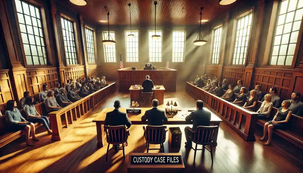 A cinematic, wide-angle, photo-realistic image depicting a courtroom scene showcasing real-life custody cases during summer. The setting includes a judge presiding over the bench, parents seated at separate tables with their attorneys, and a few spectators in the gallery. Sunlight streams through tall windows, illuminating the warm wood paneling and creating a balance between seriousness and summer serenity. Documents labeled 'Custody Case Files' are placed on the tables, and the atmosphere conveys professionalism, focus, and the emotional weight of family law proceedings.