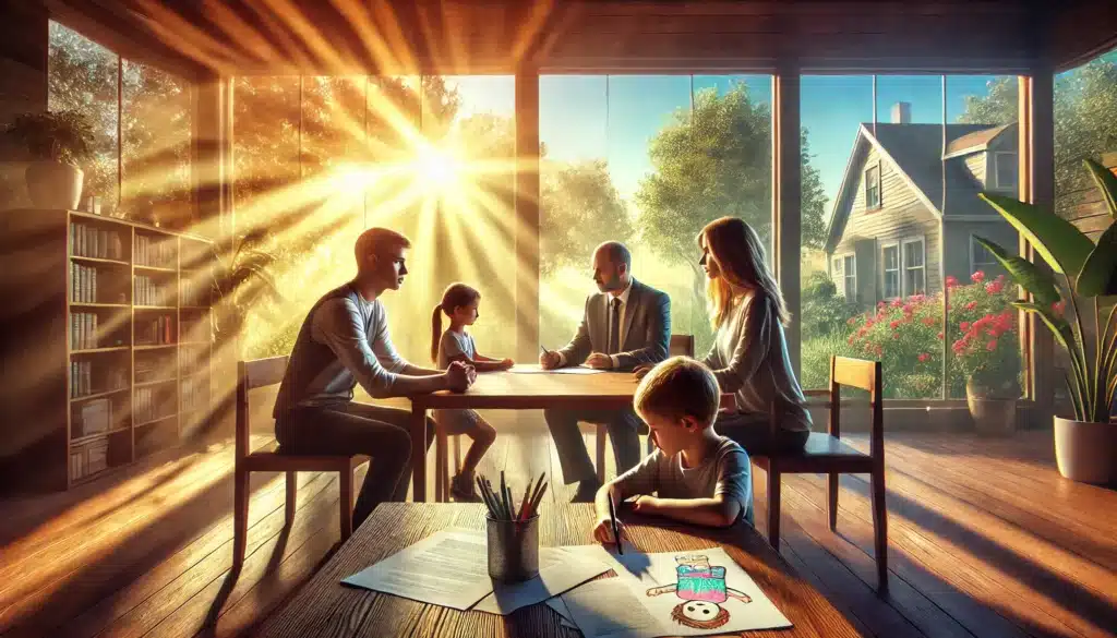 A wide-angle, photo-realistic cinematic image illustrating alternatives to terminating parental rights in Texas. The scene captures a calm, summer day in a peaceful family mediation setting. In the foreground, a mediator is seated at a table with two parents having a calm discussion, with papers and a child’s drawing on the table. The warm summer sunlight filters through large windows, casting a hopeful glow on the scene. The expressions of the parents are serious yet cooperative, symbolizing alternatives such as co-parenting agreements or guardianship. The image conveys hope and resolution, contrasting with the intensity of termination.