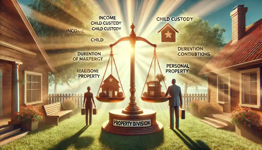A wide-angle, photo-realistic, cinematic summer illustration depicting factors influencing property division in Texas divorces. The image shows two figures standing near a scale, each holding symbolic items representing key factors like income, child custody, duration of marriage, and personal contributions. Real estate, financial accounts, and personal property are shown as part of the division process. Sunlight streams through the scene, creating a warm, peaceful summer atmosphere, with greenery visible outside, emphasizing balance and fairness in the property division process.