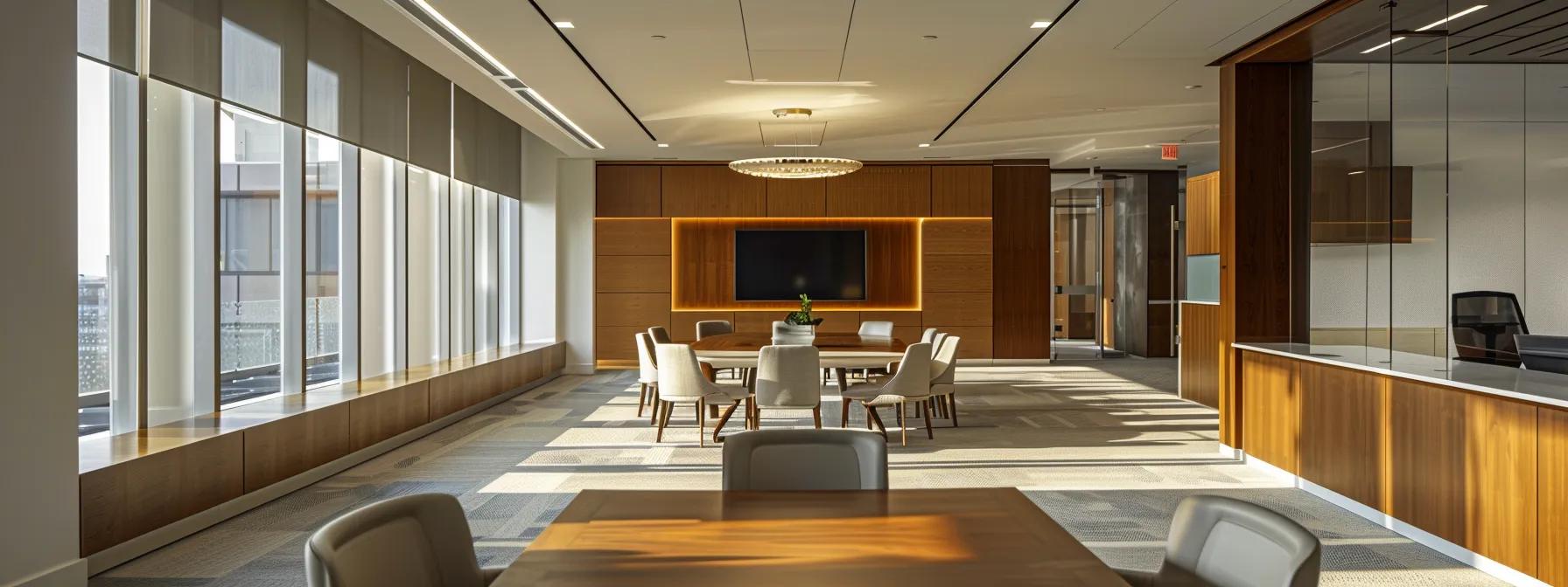 an elegantly designed modern office workspace features two distinct meeting areas, one showcasing a detailed presentation on spousal support and the other on property division, with sleek furniture and a subtle color palette that emphasizes professionalism and clarity in divorce discussions.