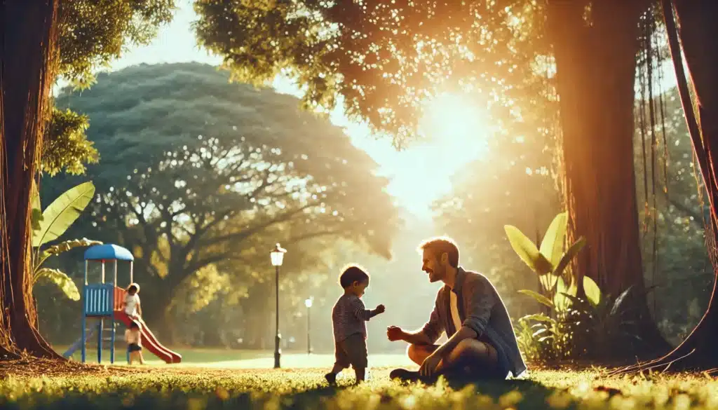 A wide-angle, photo-realistic cinematic image with summer vibes, representing the factors influencing sole custody decisions, with emphasis on parental fitness and the child’s best interests. The scene shows a calm outdoor environment in a park, where a parent and child are engaged in a caring moment. The parent is focused on the child, who is happily playing or looking up at the parent, capturing a moment that reflects support, fitness, and attentiveness. The background has soft sunlight filtering through trees, creating a peaceful, warm atmosphere with hints of summer greenery. No text or camera equipment visible.