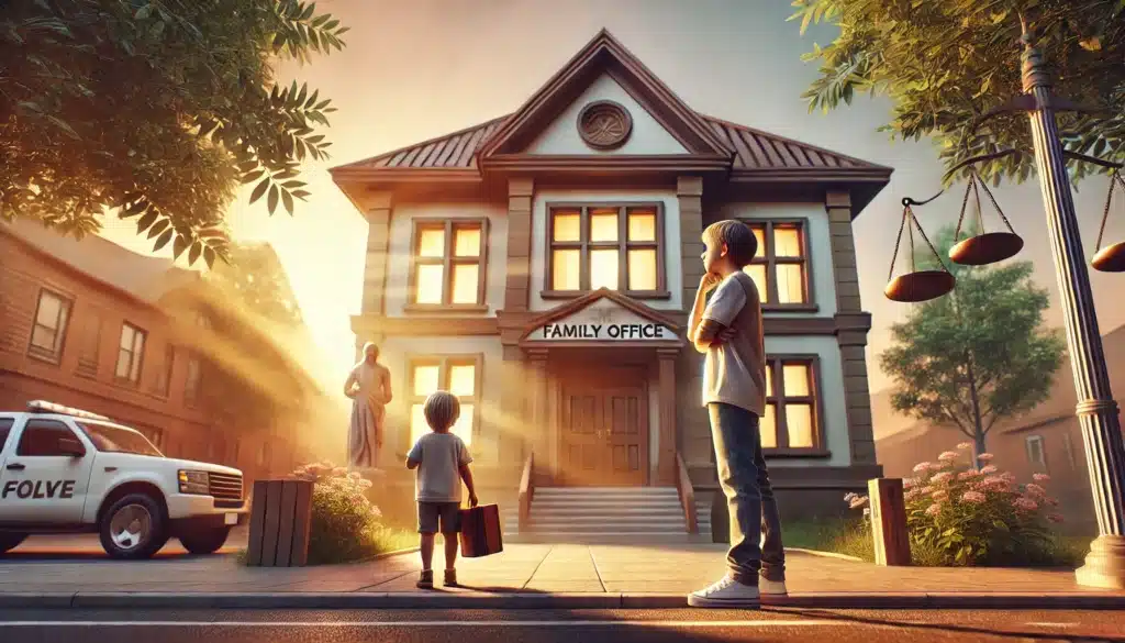 A wide-angle, photo-realistic, cinematic image with summer vibes, depicting the theme of legal considerations in child custody arrangements. The scene shows a thoughtful parent standing near a courthouse or family law office entrance, with their child nearby, emphasizing the legal aspect of custody. Soft sunlight filters through trees around the building, casting a warm, inviting glow that contrasts with the seriousness of the setting. The image has a balanced mix of warmth and contemplation, ideal for representing legal considerations in custody cases. Ensure no cameras or equipment are visible in the image.