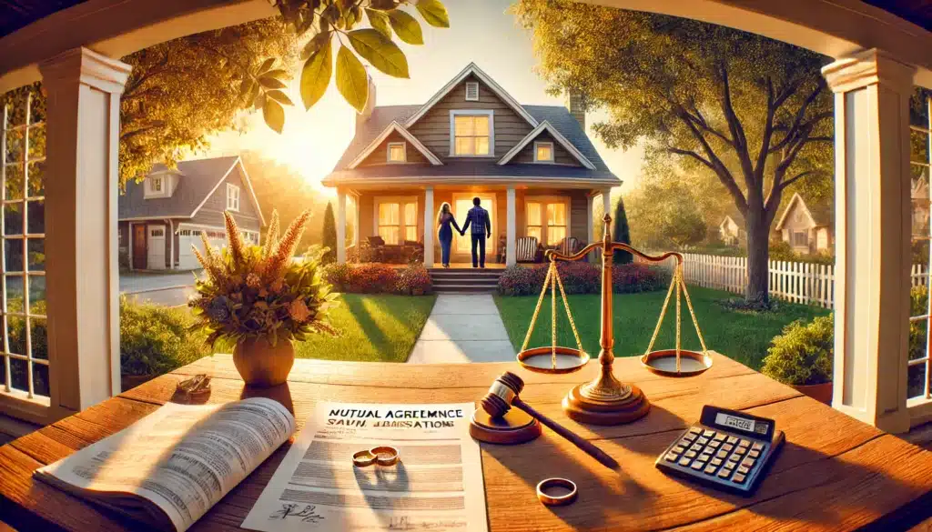A wide-angle, photo-realistic, cinematic summer illustration visually representing the definition of common law marriage in Texas. The scene shows a couple holding hands on the porch of a charming Texas-style suburban home. Nearby, a symbolic scale of justice rests on a table with items like a shared bank statement, wedding rings, and a family photo, representing mutual agreement, cohabitation, and public representation as married. The setting is bathed in warm, golden sunlight with vibrant summer greenery, creating a welcoming yet reflective atmosphere.