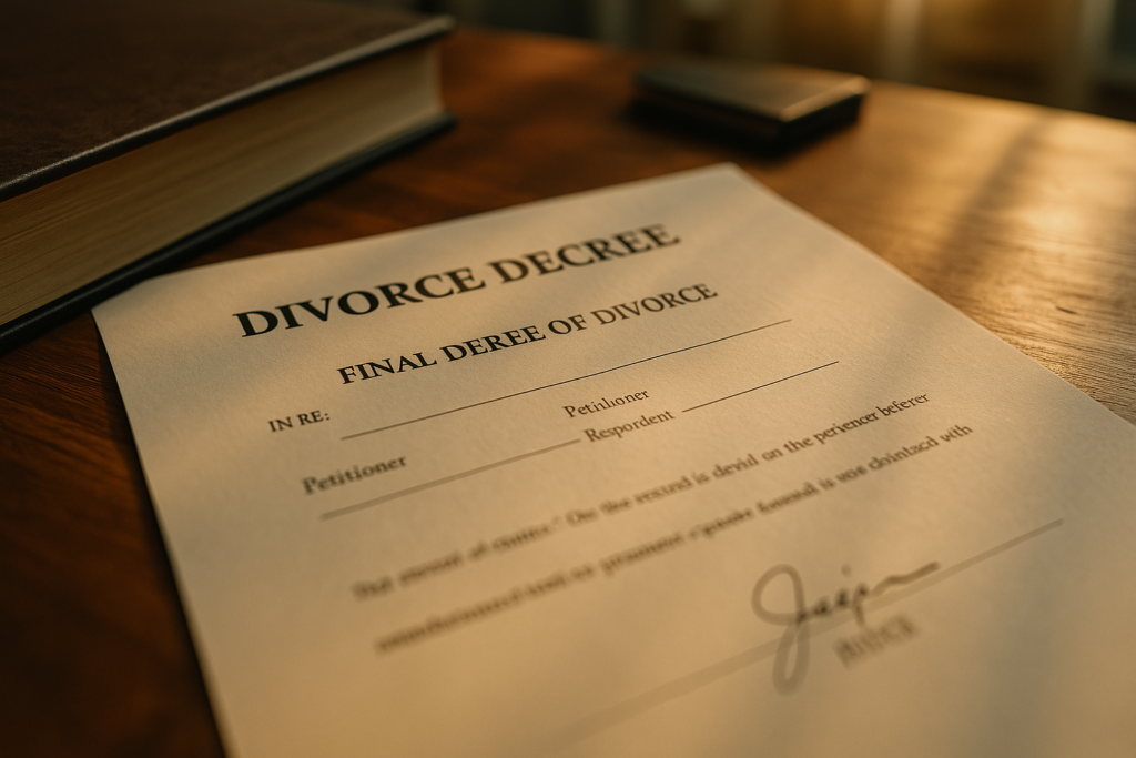 A finalized divorce decree document.