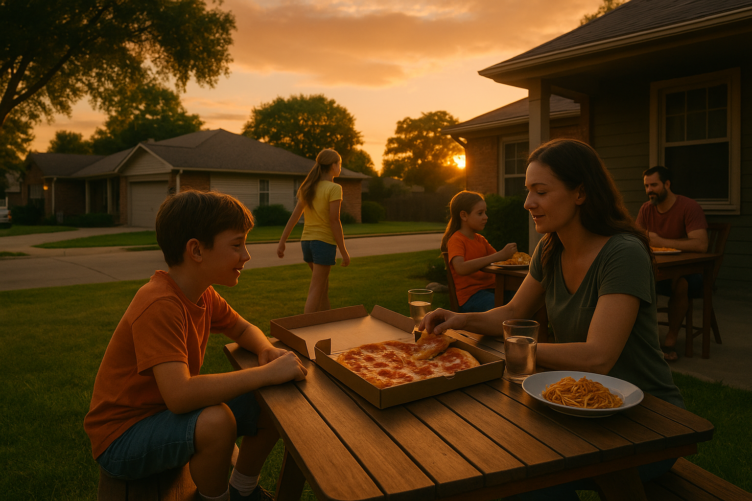 Children enjoying summer dinners between two family homes, symbolizing shared parenting and the importance of filing child support in Texas.