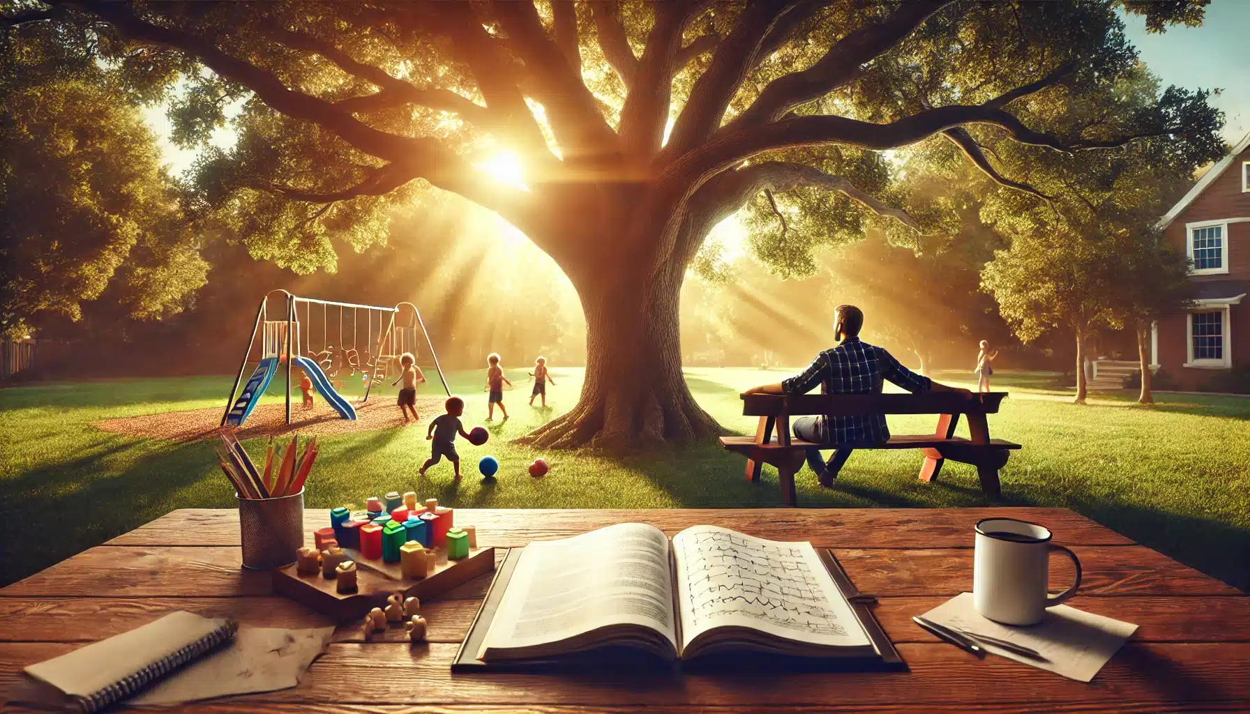 Man sitting at a picnic table in a park, observing children playing near a swing set, with a large tree and sunlight filtering through the leaves, symbolizing family and parenting in the context of Texas custody orders.