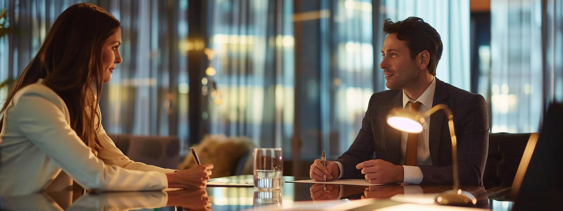 a focused lawyer presents a detailed financial analysis on a sleek conference table, illuminated by warm, professional lighting, while a concerned spouse sits opposite, reflecting the tension and complexity of spousal support discussions in a modern office setting.