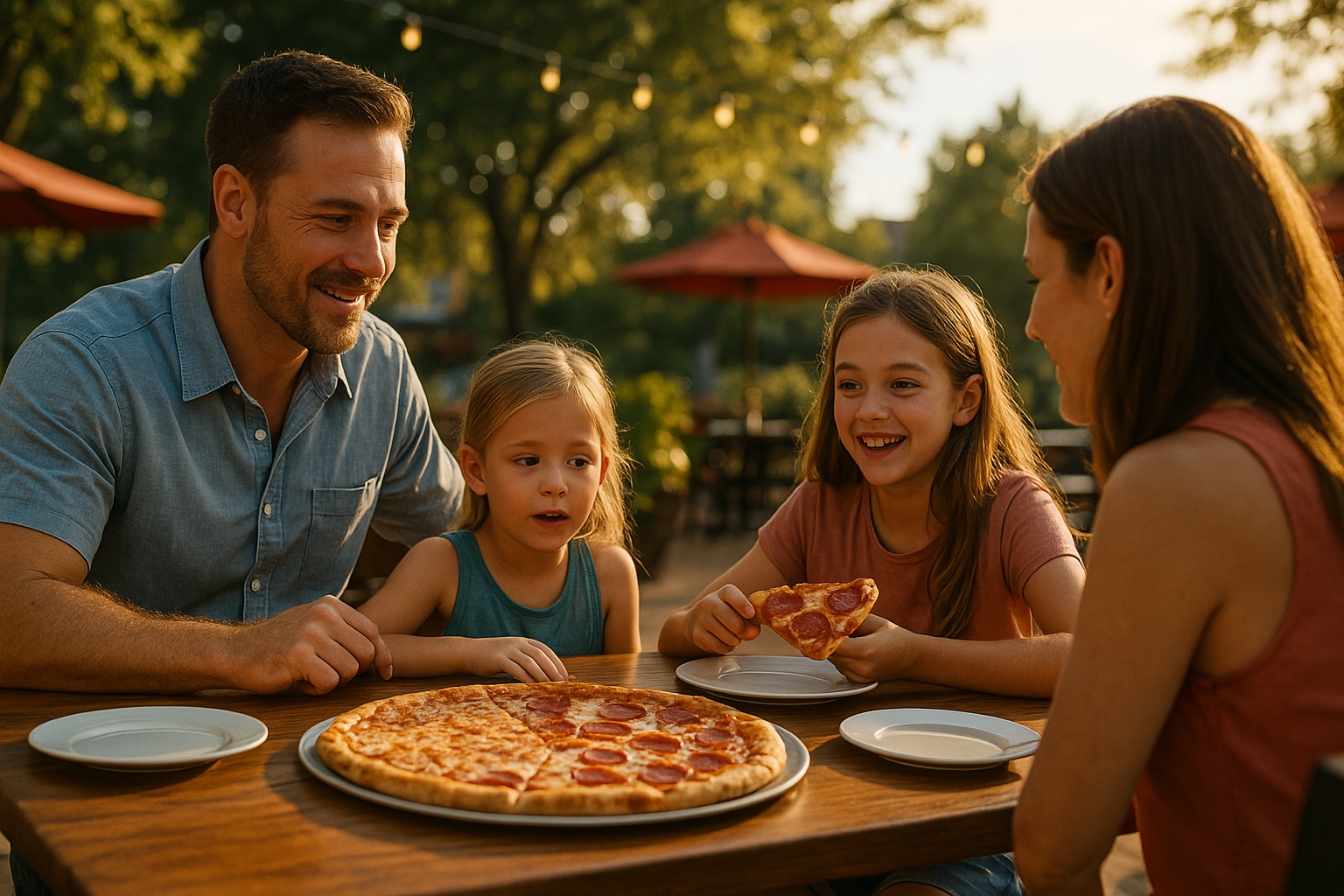 A smiling family enjoys pizza outdoors on a sunny summer evening, symbolizing togetherness, balance, and the challenges of sharing.