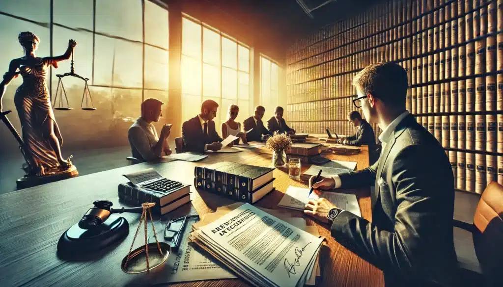 A photo-realistic, cinematic wide-angle image capturing a summer vibe. The scene depicts legal strategies for protecting business interests in a divorce. A business owner sits across from their attorney in a modern law office, reviewing key documents like prenuptial agreements, shareholder agreements, and financial statements. On the other side of the table, a forensic accountant analyzes records to determine business valuation. The atmosphere is professional yet intense, with golden summer sunlight streaming through large office windows, illuminating legal books and business contracts. The image conveys strategy, preparation, and high-stakes decision-making.
