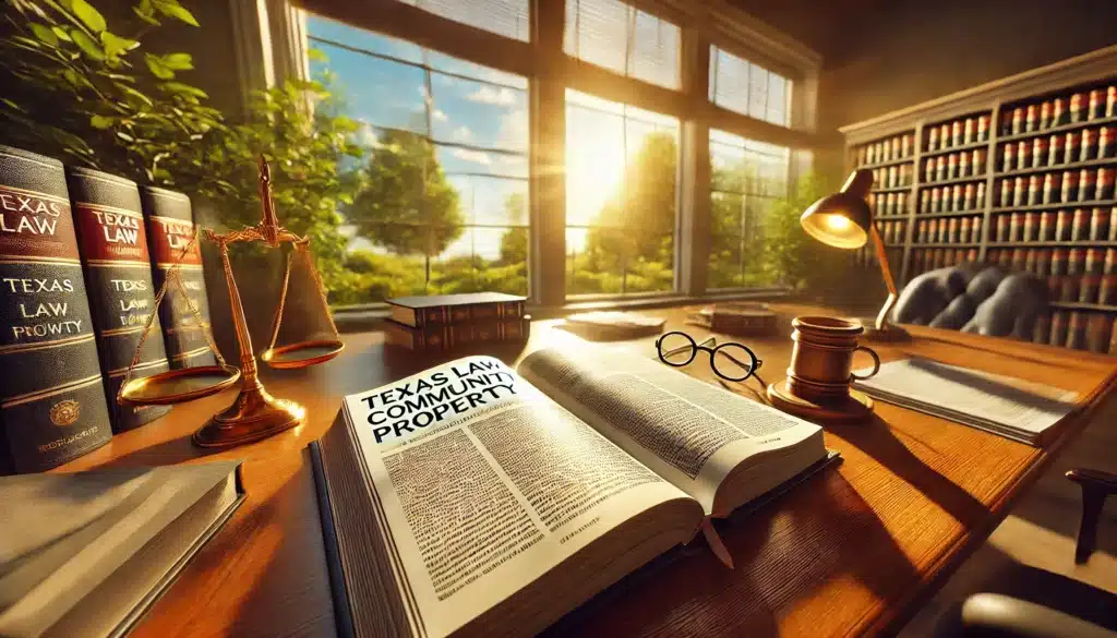 A wide-angle, photo-realistic, cinematic image of a legal book open on a polished wooden desk, titled 'Texas Law and Community Property.' The book's pages are filled with text, indicating a comprehensive guide. The setting is a bright, sunlit office, with a large window showing a vibrant summer landscape outside, featuring green trees and sunlight pouring in. Beside the book, there are reading glasses and a cup of coffee, suggesting focused study. The warm, golden light casts a glow over the scene, evoking a summery and inviting atmosphere. The image conveys a sense of deep understanding and legal expertise.