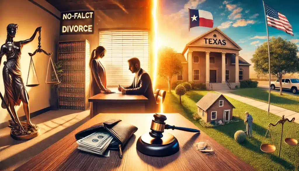 A cinematic, photo-realistic wide-angle image with summer vibes, illustrating the concept of no-fault divorce in Texas while debunking common divorce myths. The image features a split scene: on one side, a couple signing divorce papers peacefully at a law office, and on the other, exaggerated myths like a spouse unfairly losing everything, symbolized by an empty wallet and house in the distance. The background includes a Texas courthouse, reinforcing the legal process. Warm sunlight casts a golden glow, emphasizing clarity and resolution in contrast to the misconceptions surrounding divorce.