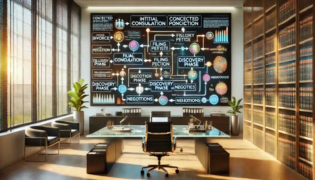 A photo-realistic, cinematic wide-angle image of a modern office with a large whiteboard or digital screen displaying a detailed flowchart of the contested divorce process. The flowchart is visually clear, with arrows connecting various steps such as 'Initial Consultation', 'Filing Petition', 'Discovery Phase', 'Negotiations', and 'Court Hearing'. The office is bright and sleek, with natural sunlight streaming through large windows, creating a warm, summery atmosphere. The background includes contemporary furniture, a glass desk, and a few legal books on a shelf. The flowchart itself is the focal point, showing a complex but organized process, with colorful icons and text to represent each stage. The mood is professional, focused, and informative.