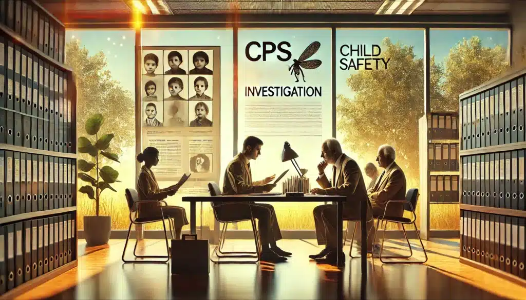 A cinematic, wide-angle, photo-realistic illustration depicting the CPS investigation process in a professional setting. The scene shows a CPS investigator seated at a desk, reviewing documents, while a concerned family sits across from them. The background features a bright summer day visible through large windows, with sunlight streaming in and casting a warm, natural glow. Legal binders and child safety posters add context, creating a balanced mix of seriousness and hope.